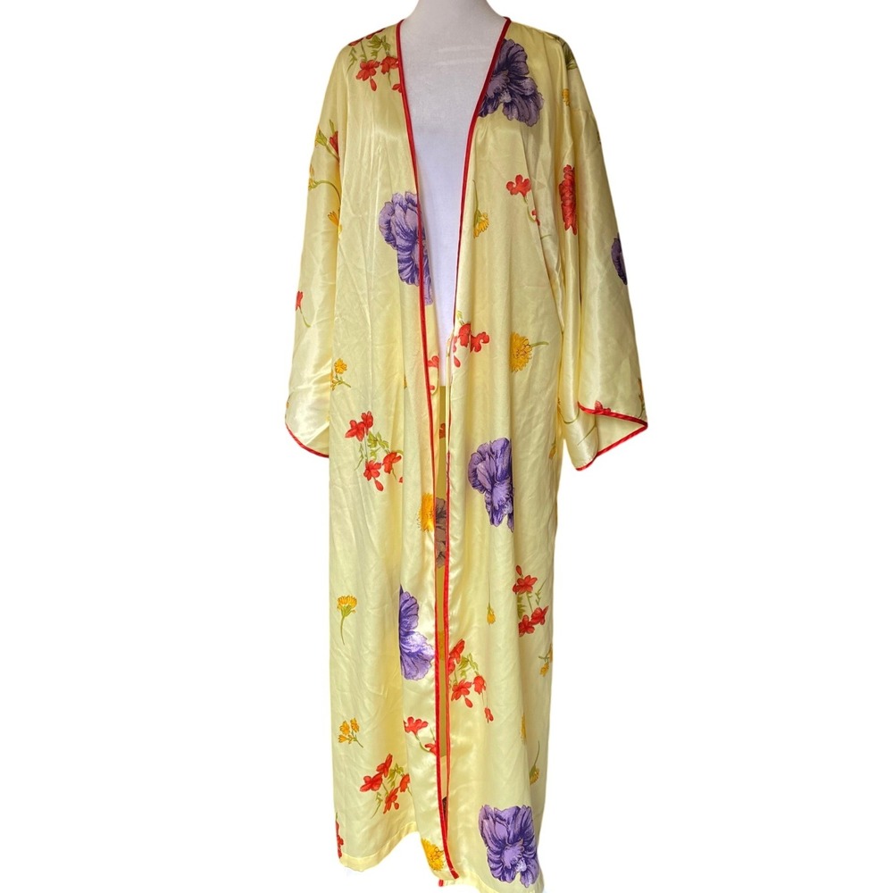 Vintage 1990s Victorias Secret Butter Yellow‎ Floral Kimono Robe Duster Medium